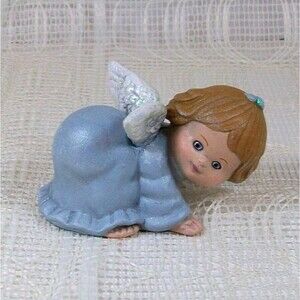 Handmade Ceramic Angel Figurine In Blue, Playing Cute Angel Statue, Baptism Gift